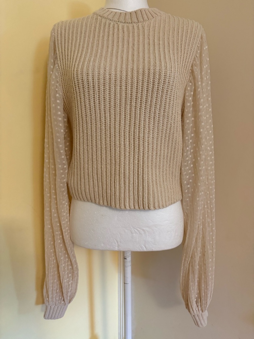 ZARA Textured Knit Sweater Sheer Dot Sleeve Cream Cropped Top Women S